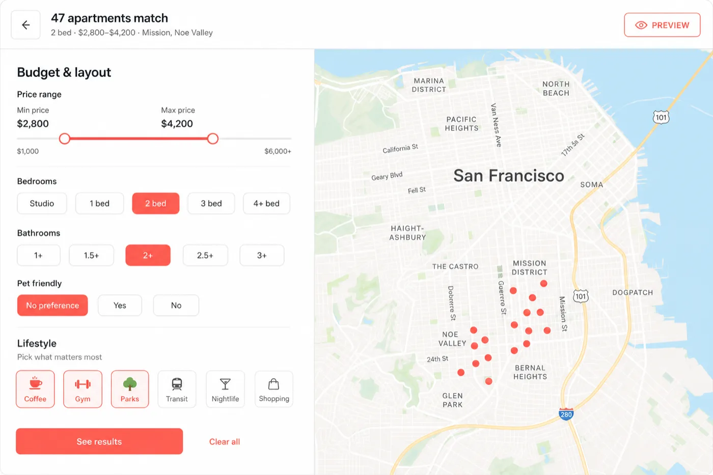 Onboarding step setting budget and lifestyle filters narrowing to 47 apartment matches